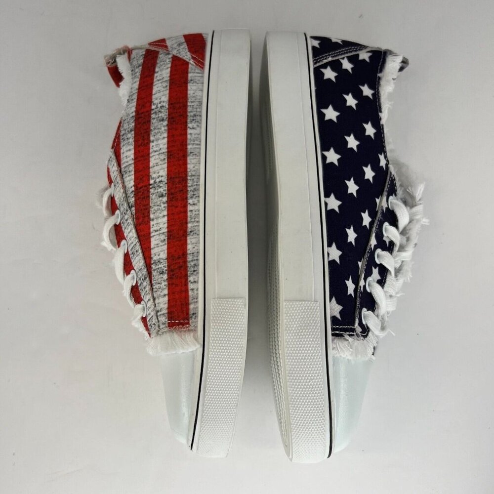 Womens Blue Red Star Striped Pattern Low Top Lace Up Flat Size 7 Canvas Sneakers - Picture 7 of 8